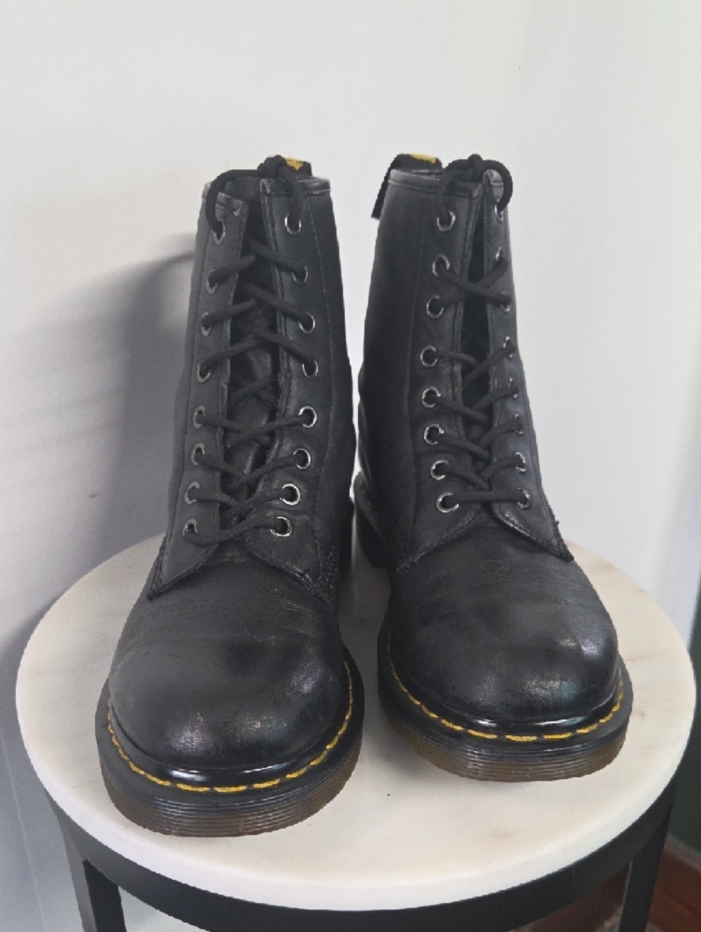 Dr. Martens Black Leather 8-Eye Lace Boots with Yellow Stitching Size 8 - Picture 2 of 8